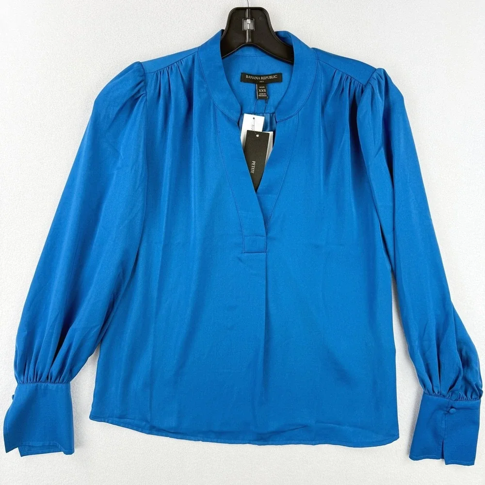 Banana Republic Volume Puff Sleeve‎ Blouse Size XXS Blue Satiny 582096-08-1